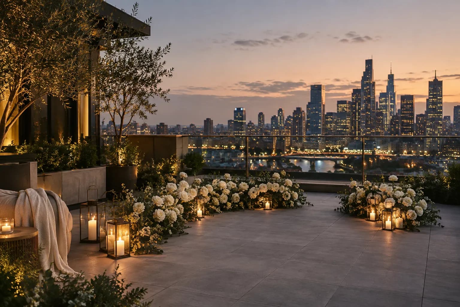 Illustrative Melbourne garden proposal setup with flowers and candle lanterns