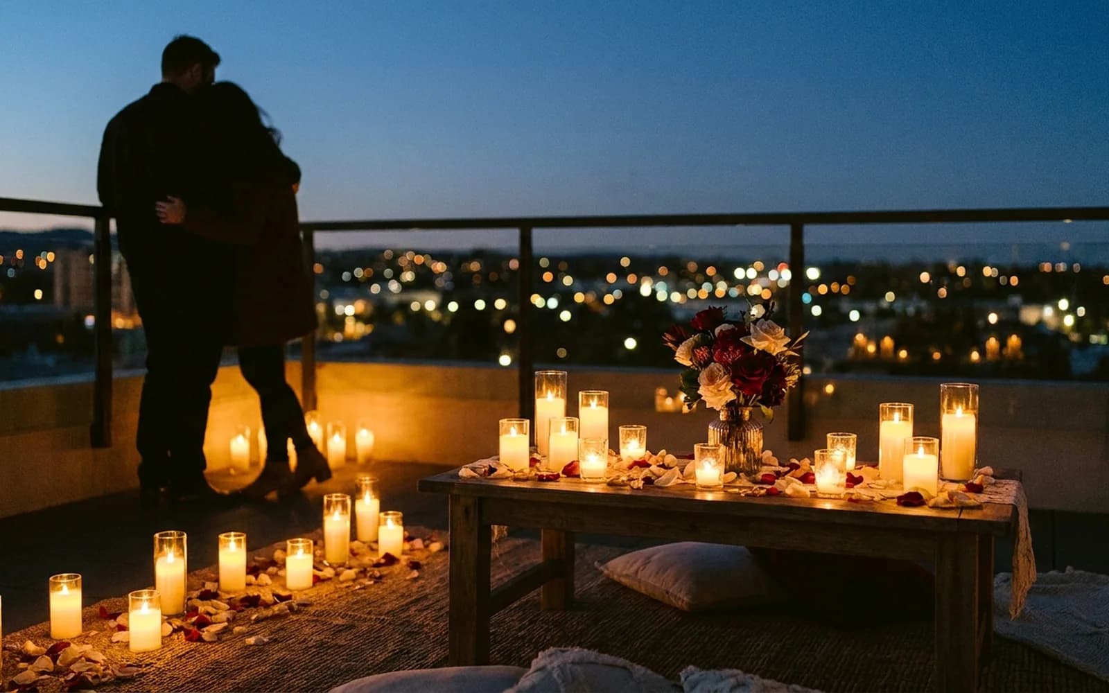 Candlelit rooftop proposal overlooking the Melbourne skyline