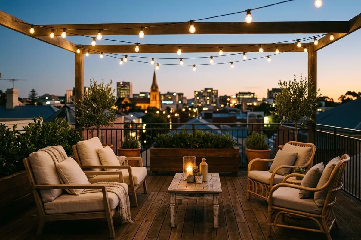 The Melbourne city skyline glittering at twilight from a high vantage point
