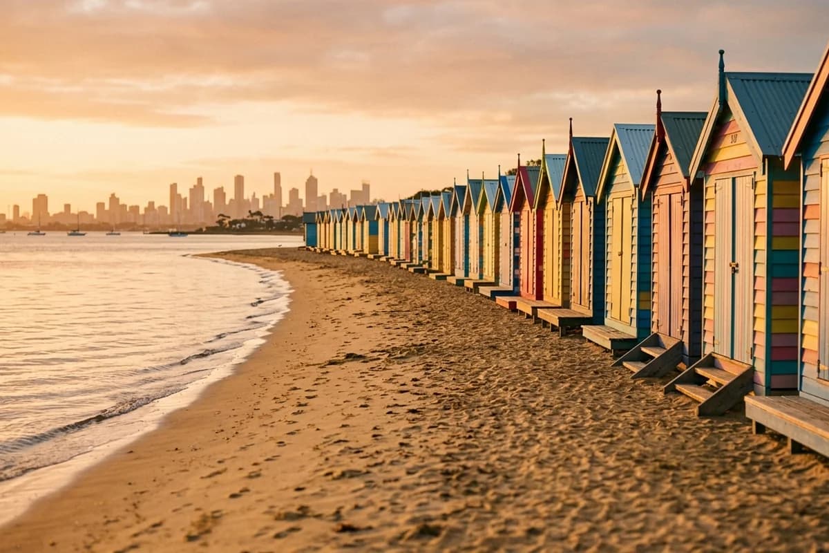 The colourful Brighton Bathing Boxes with the Melbourne skyline across the bay at golden hour