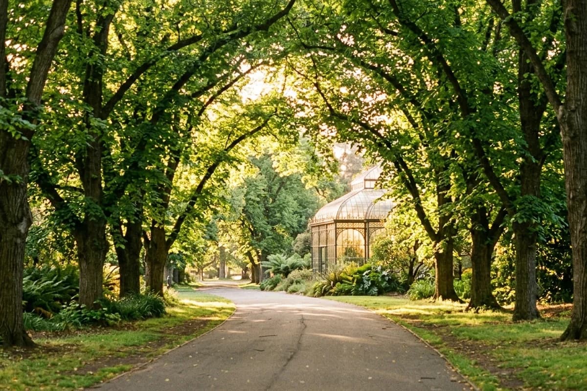 Elm avenue and conservatory at Fitzroy Gardens in dappled golden light