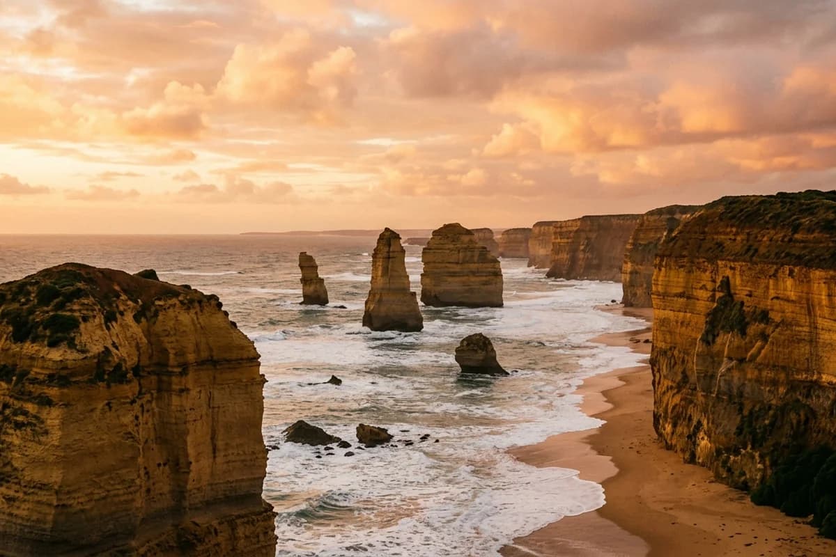 The Twelve Apostles on the Great Ocean Road at sunset over the Southern Ocean
