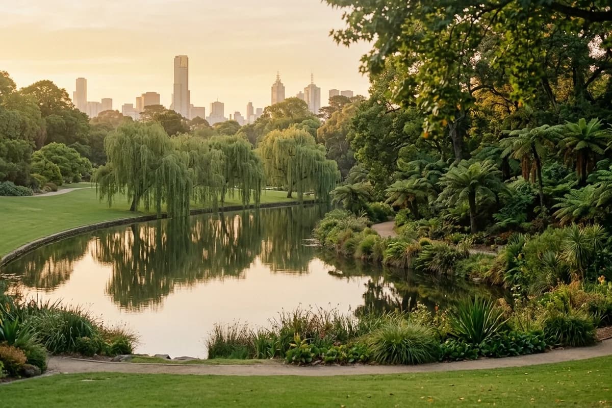 Lake and lawns at the Royal Botanic Gardens Victoria in soft golden light