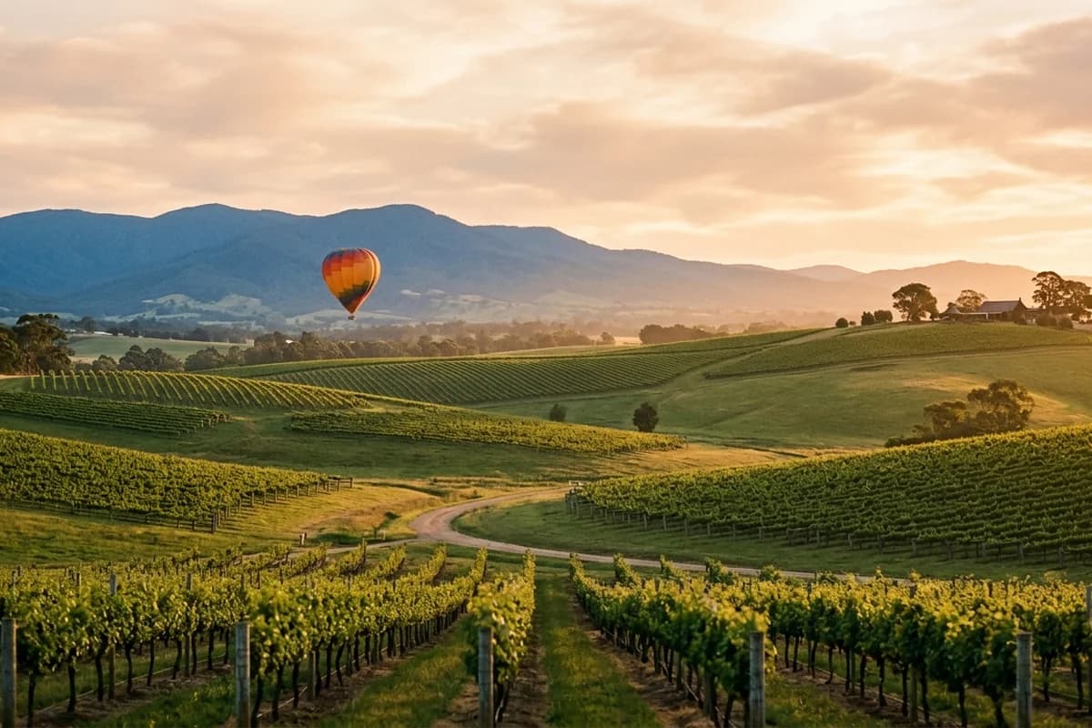 A romantic Yarra Valley getaway with vineyards at golden hour